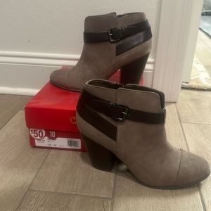 Brown suede booties. NEVER WORN STILL IN BOX